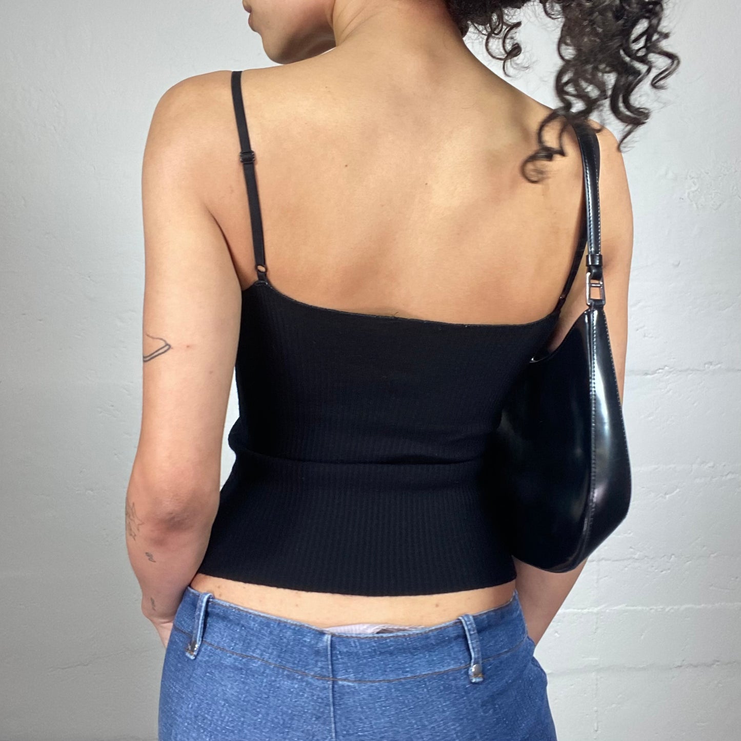Vintage 2000's Summer Black Jersey Cami Top with Silky Ribbon Detail (S)