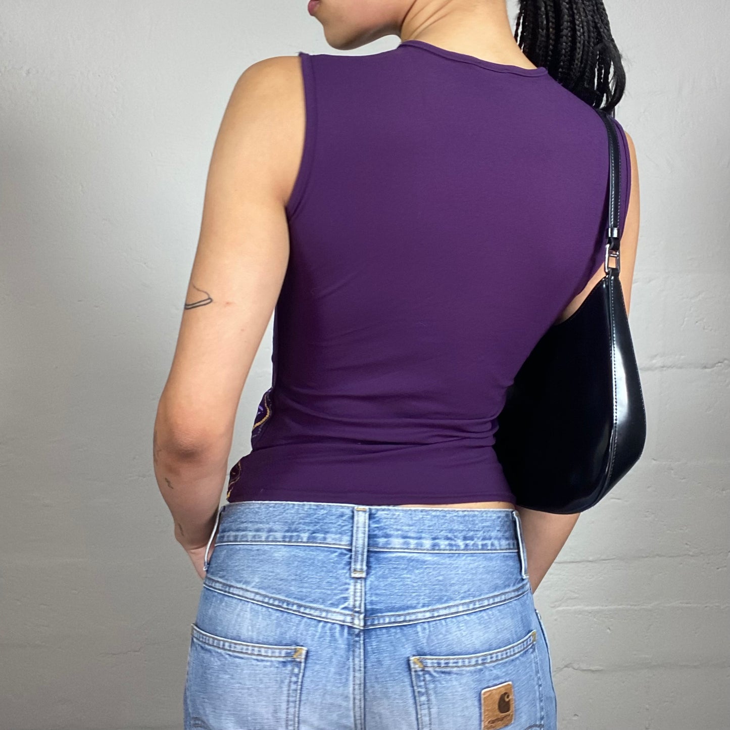 Vintage 2000's Summer Purple Tank Top with Matching Tone and Contrast Yellow Abstract Print (S)