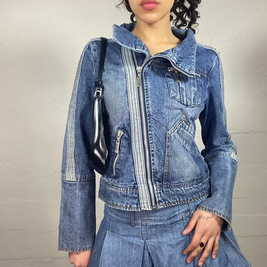 Vintage 2000's Biker Style Side Zipper Blue Denim Jackets with Pockets (M)