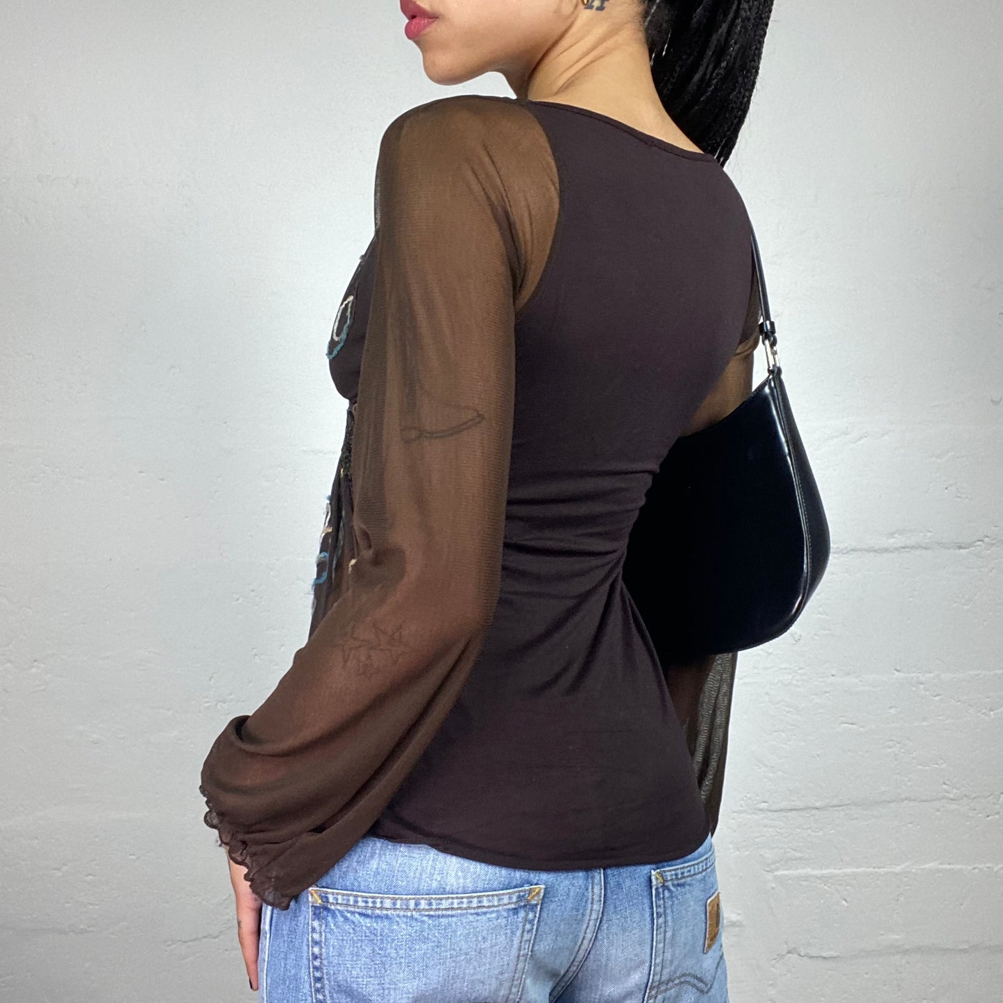 Vintage 2000's Boho Girl Brown Chiffon V-Cut Longsleeve Blouse with Knitted Embroidery (S)