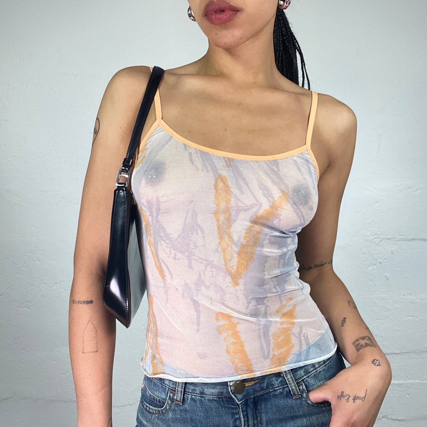 Vintage 2000's Soft Girl White Mesh See Through Cami Top with Peachy Print (M)