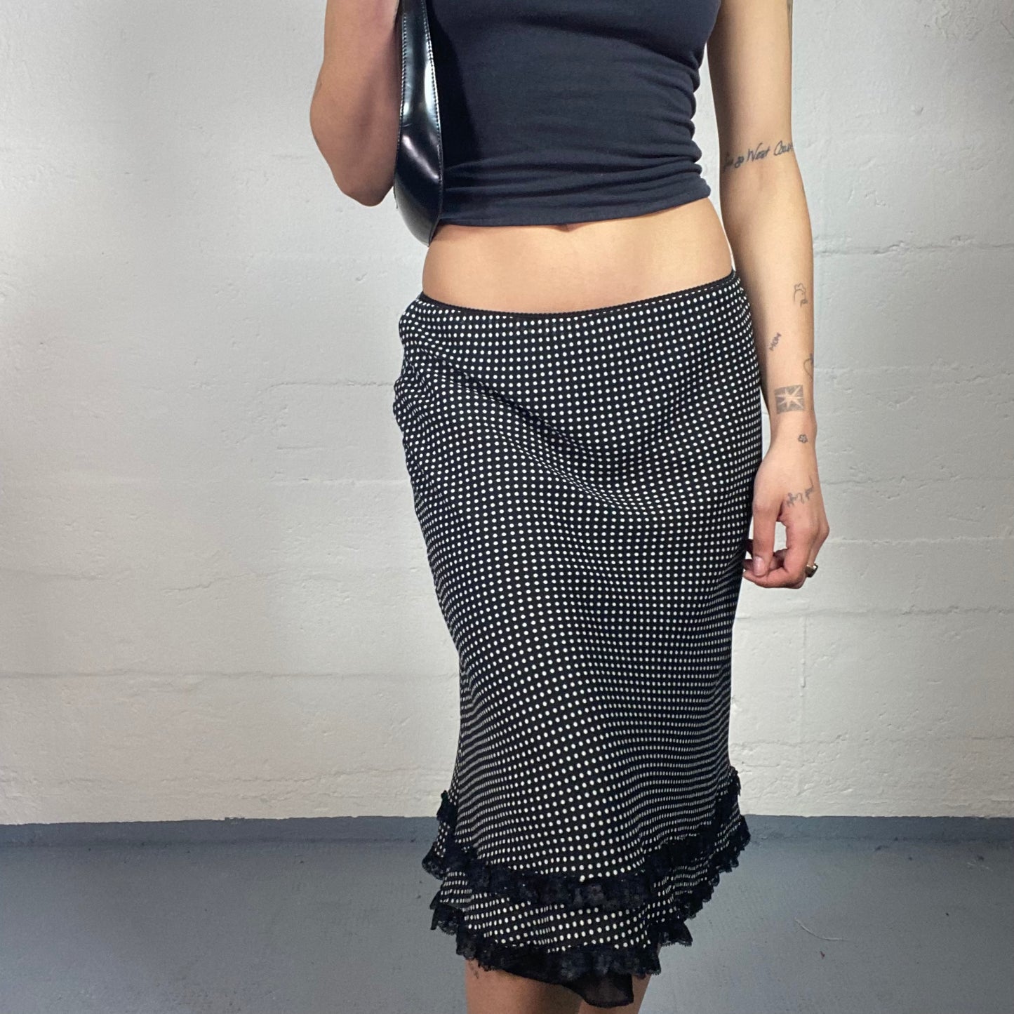 Vintage 2000's Coquette Black and White Polka Dot Printed Midi Skirt with Bottom Black Ruffled Details (M)