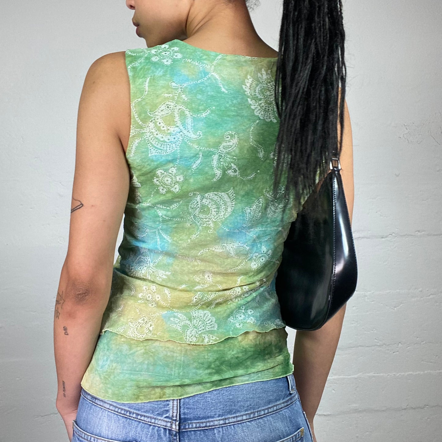 Vintage 2000's Boho Girl Blue and Green Tie Dye Layered White Printed Top (M)