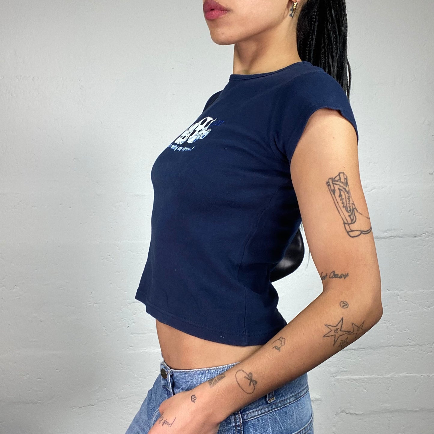 Vintage 2000's Skater Girl Navy Blue Just Resting My Eyes Puppy Printed Baby Tee (S)