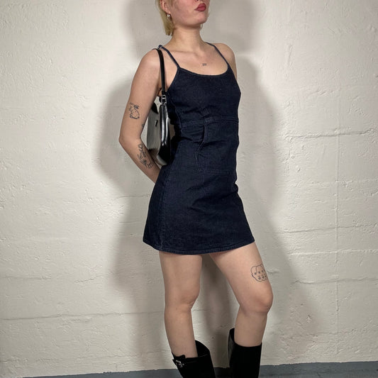 Vintage 2000's Saturday Date Dark Denim Slim Fitted Cami Mini Dress with Middle Pocket (XS)