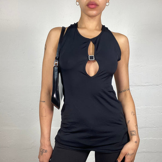 Vintage 2000's Glamorous Night Out Black Metal Detail Top with Open Back Binding (S)