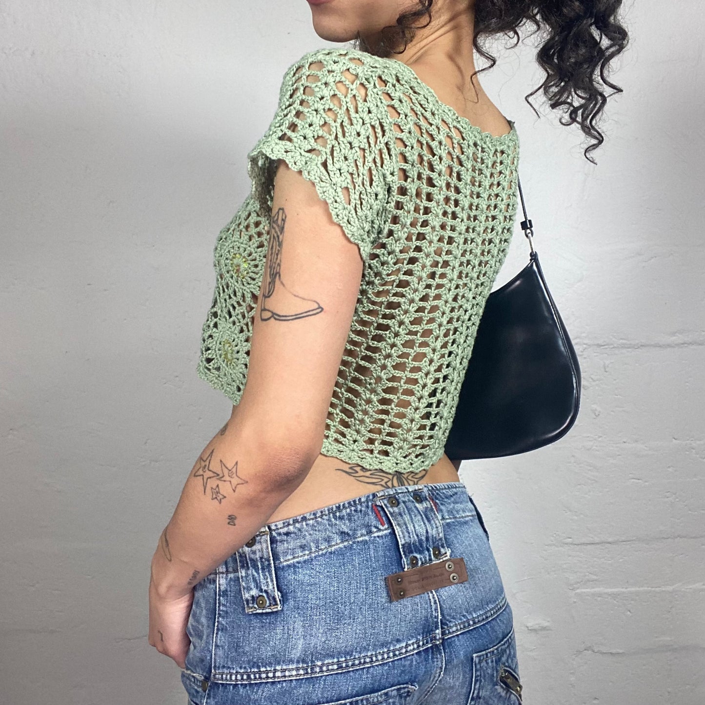 Vintage 2000's Boho Green Crochet Bolero Cropped Top (S)