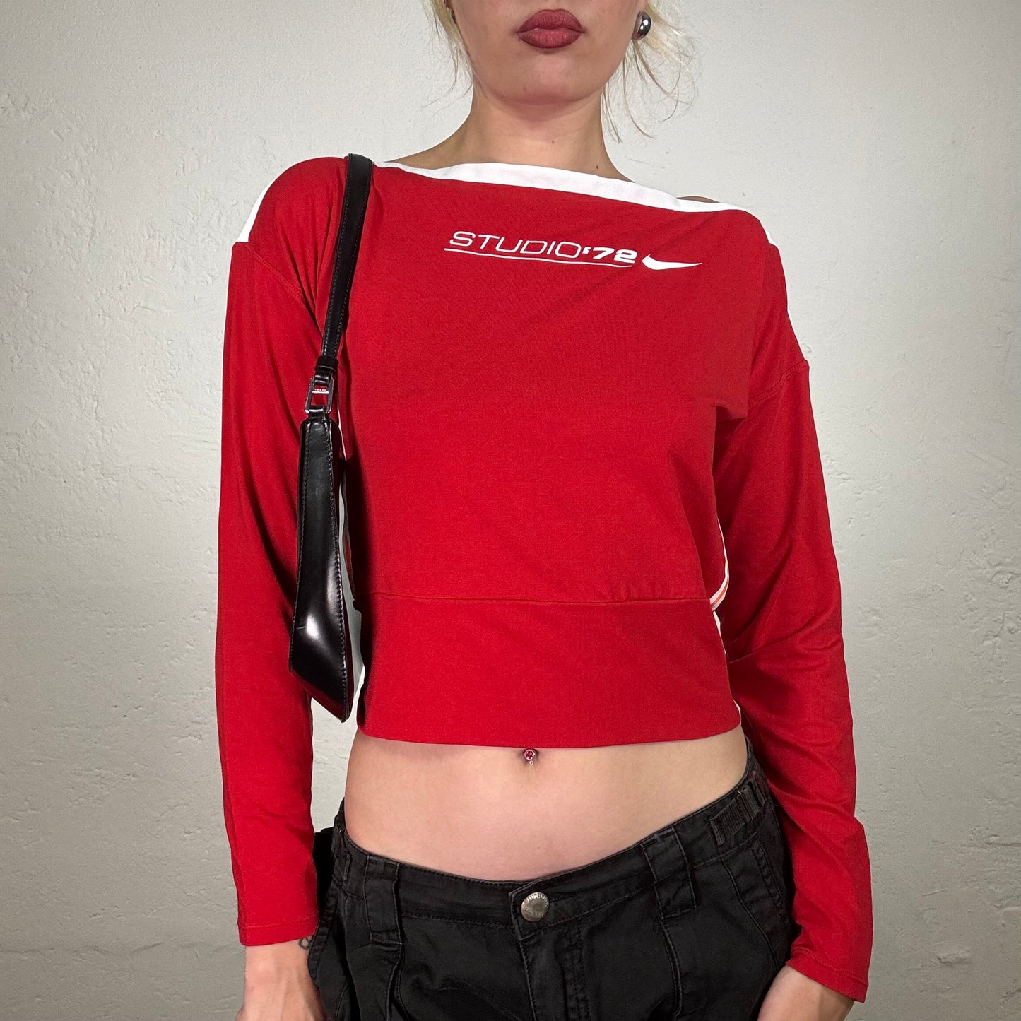 Vintage 2000's Archive Nike Red Longsleeve Top with Whie Stripe Detail and ,Studio 72, Print (S/M)