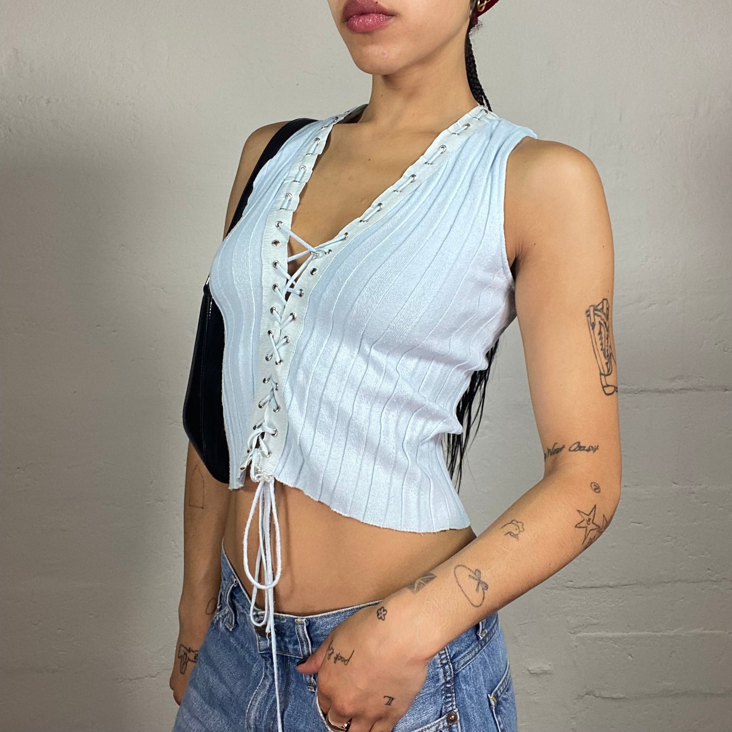 Vintage 2000's Sporty Jersey Baby Blue Cropped Lace Up Top (M)