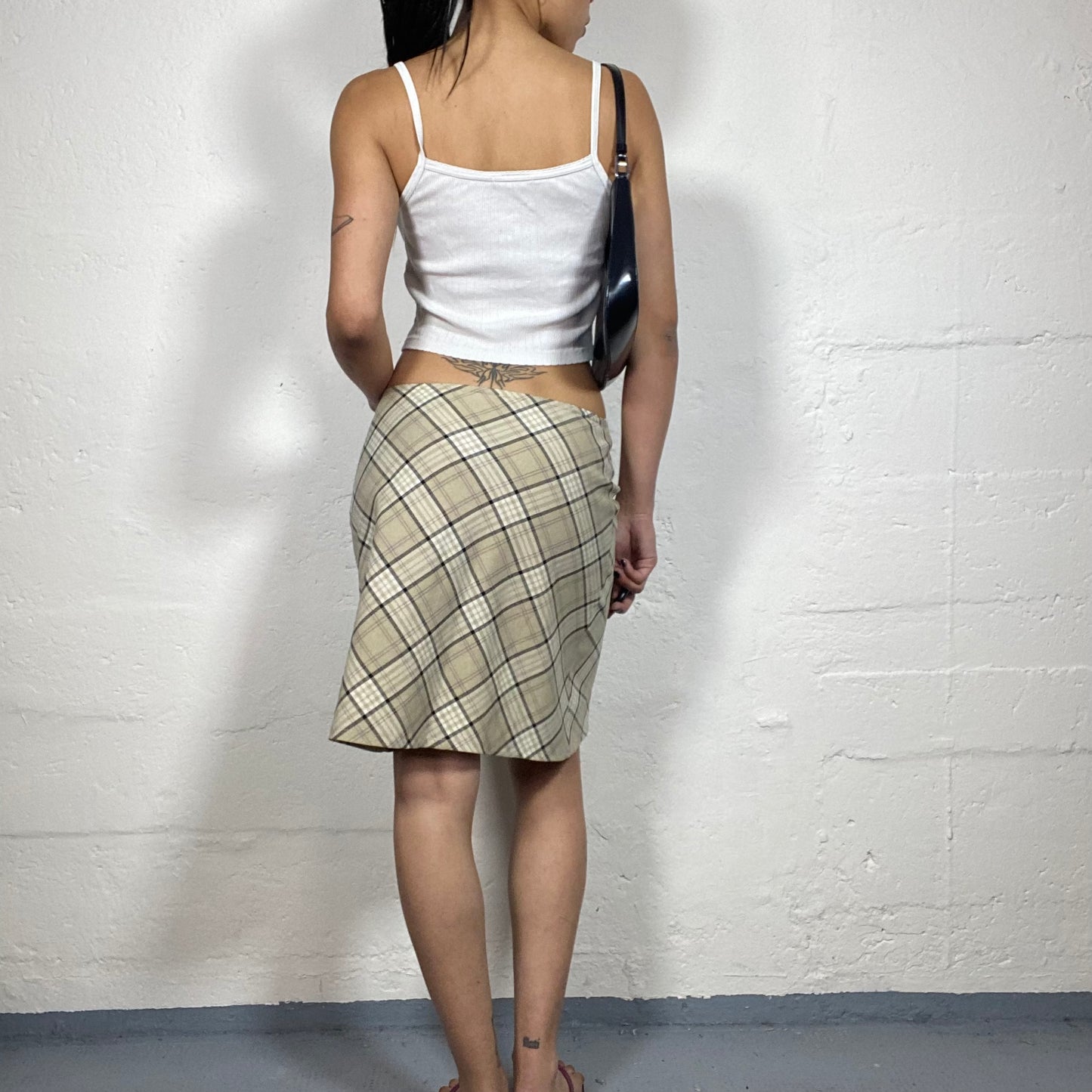 Vintage 2000's Office Girl Beige Toned Checkered Over The Knee Skirt (M)