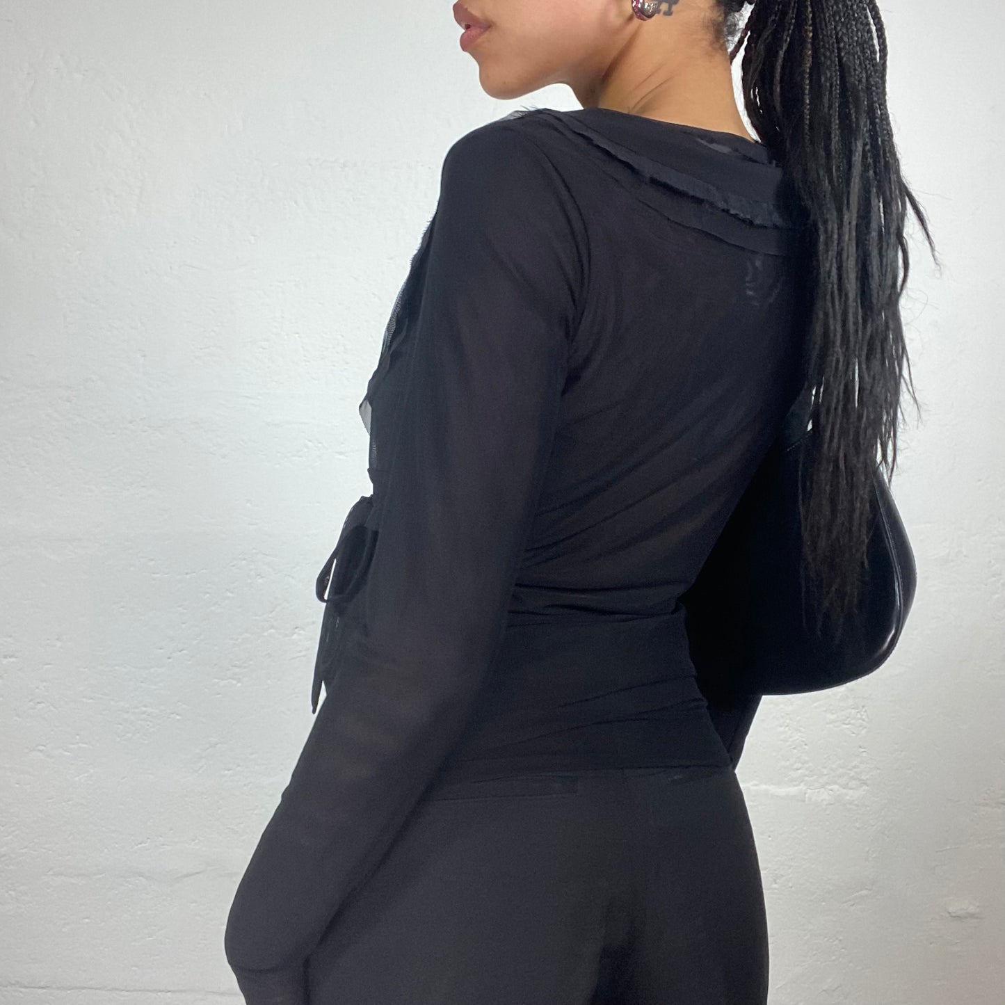 Vintage 2000’s Boho Girl Black Chiffon Layered Wrap Up Longsleeve Bolero Style Top (M)