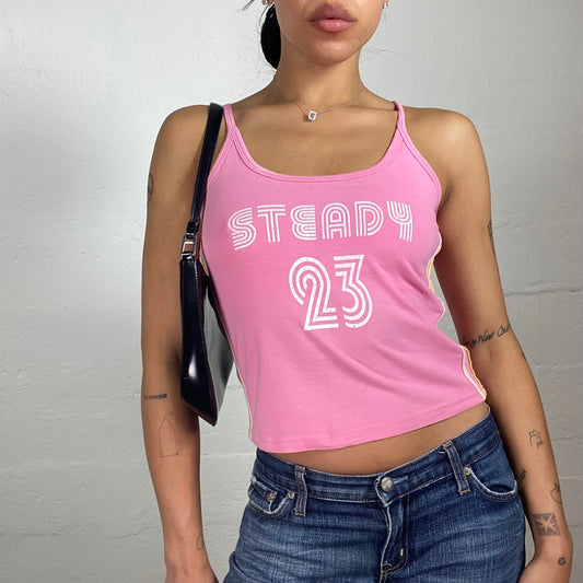 Vintage 2000's Sporty Y2K Girl Bubblegum Pink Cami Top with White Steady 23 Print (M)