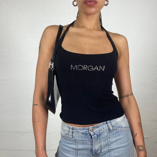 Vintage 2000’s Morgan Glamorous Black Neckholder Crop Top with Rhinestone Logo Embroidery (S)
