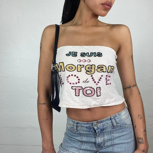Vintage 2000’s Archive Morgan Clubwear Cropped Tube Top with Multicoloured Sequin Embroidered Text Prints (M)