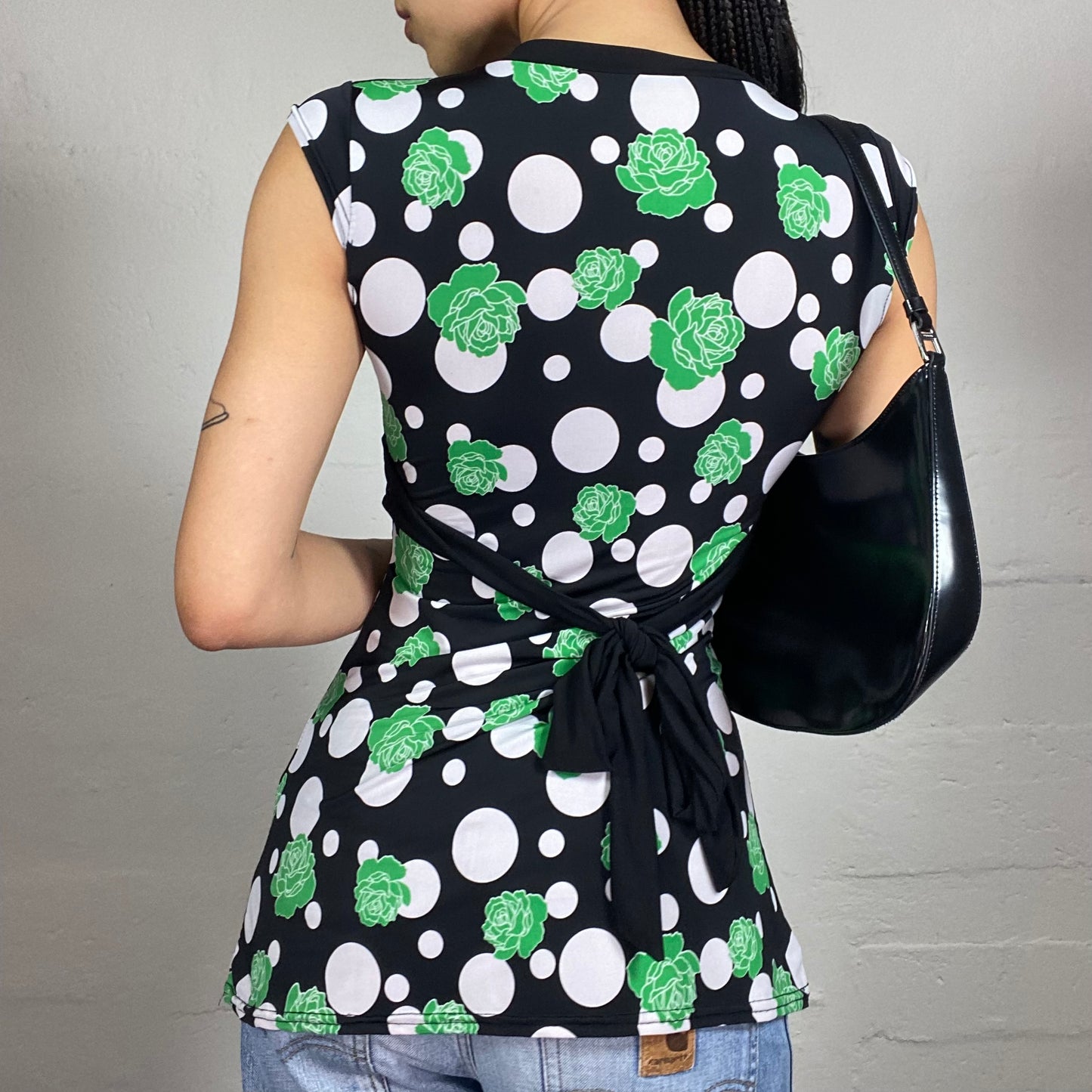 Vintage 2000's Glam Black Coquette Fit Long Top with White and Green Print and Metal Ring Detail (S)