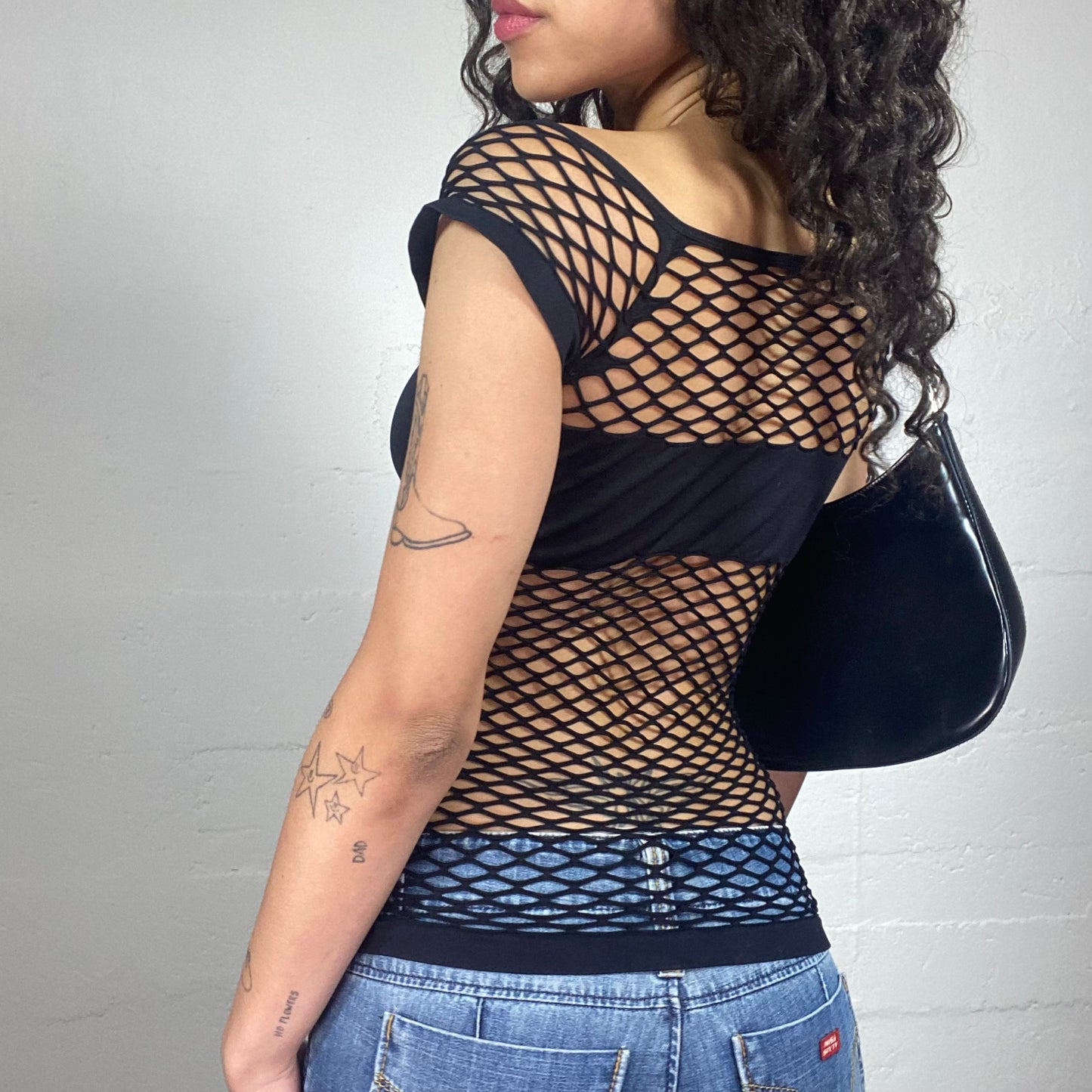 Vintage 2000's Clubwear Mesh Black Fishnet Off Shoulder Top