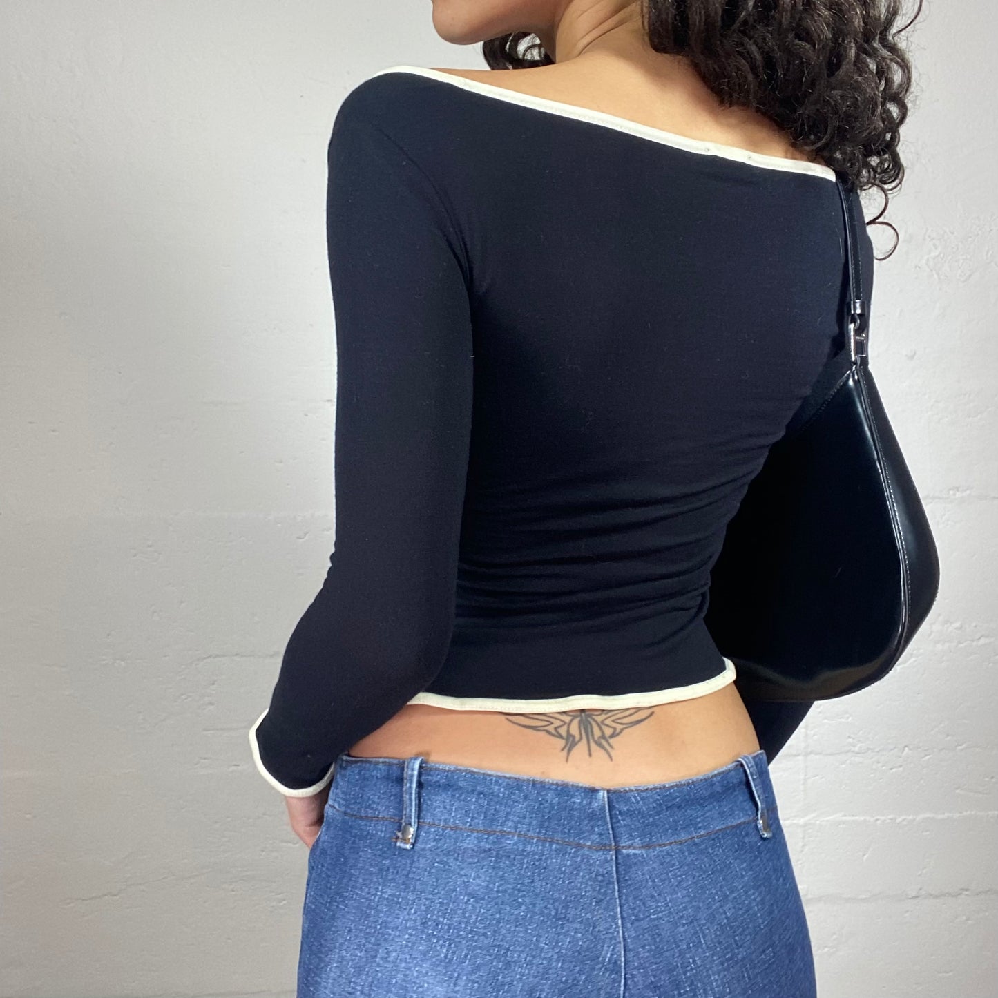 Vintage 2000's Coquette Black Off Shoulder Longsleeve Top with White Overlock and Middle Ribbon Detail (S)