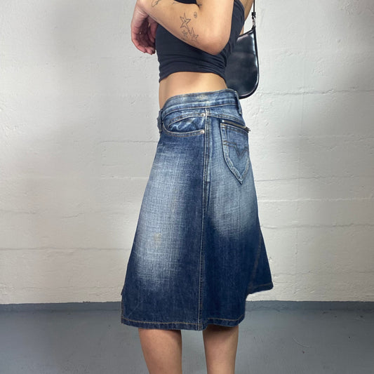 Vintage 2000's Summer Walk Low Waisted Dark Denim Washed Out Effect Asymmetric Midi Skirt (L)