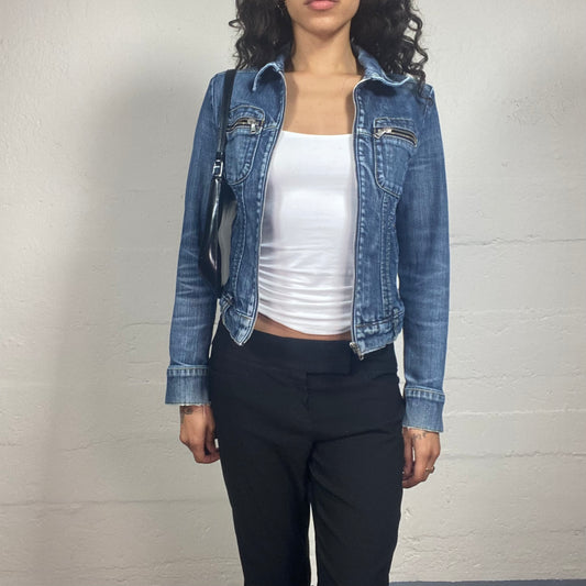 Vintage 2000's Miss Sixty Downtown Girl Classic Blue Denim Zip Up Collared Jacket with Zipped Pockets (M)