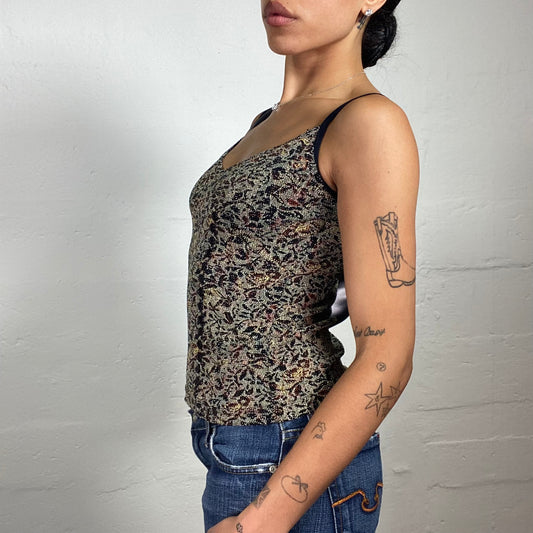 Vintage 2000's Summer Hippie Mini Floral Printed Shiny Cami Top with Button Row Detail (L)