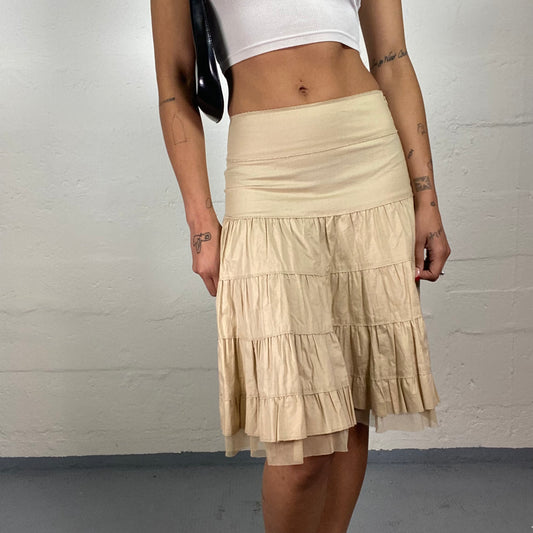 Vintage 2000's Coquette Coffee Beige Knee Length Ruffled Layered Skirt (S)