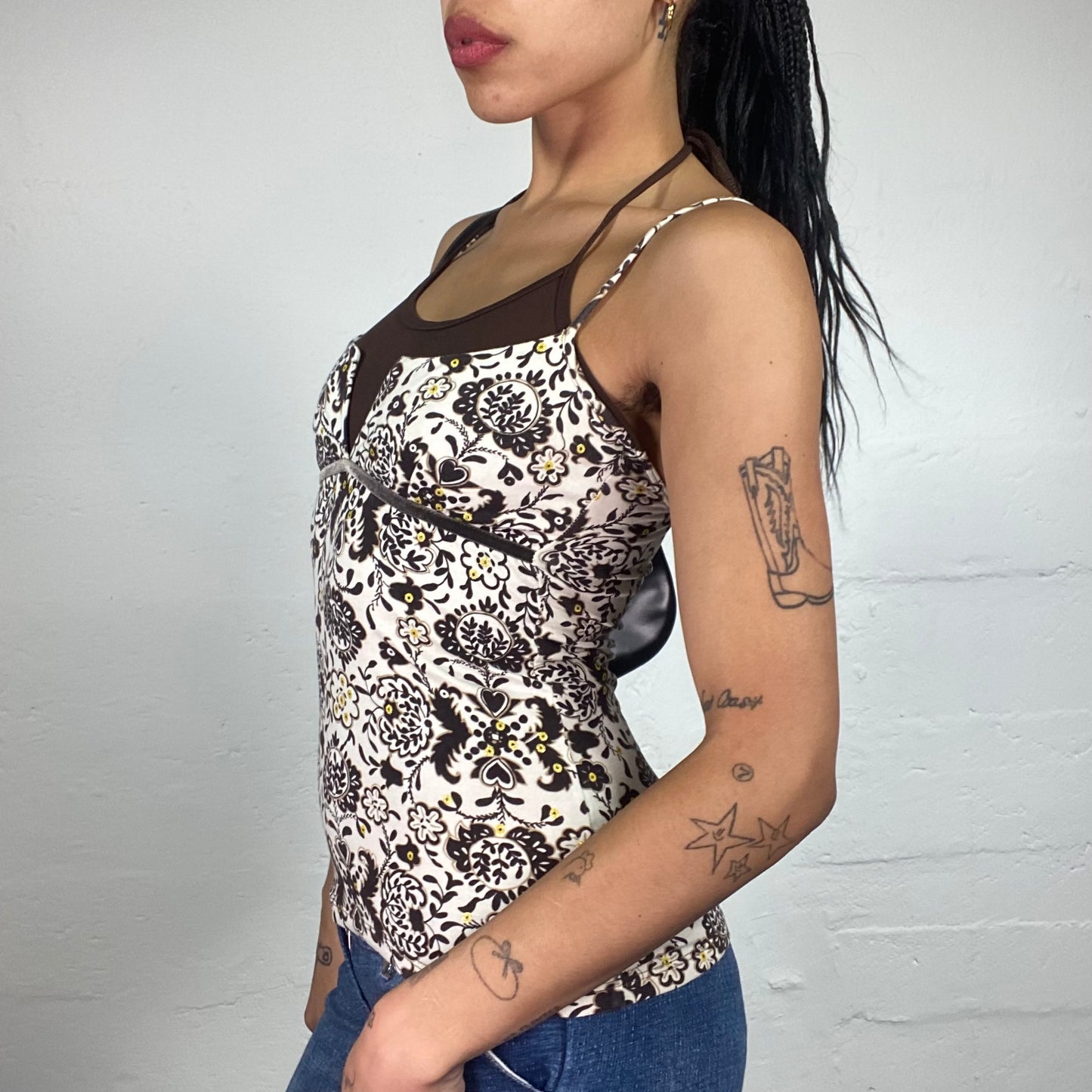 Vintage 2000's Summer Boho White and Brown Printed Layered Cami and Neckholder Combo Top (S)