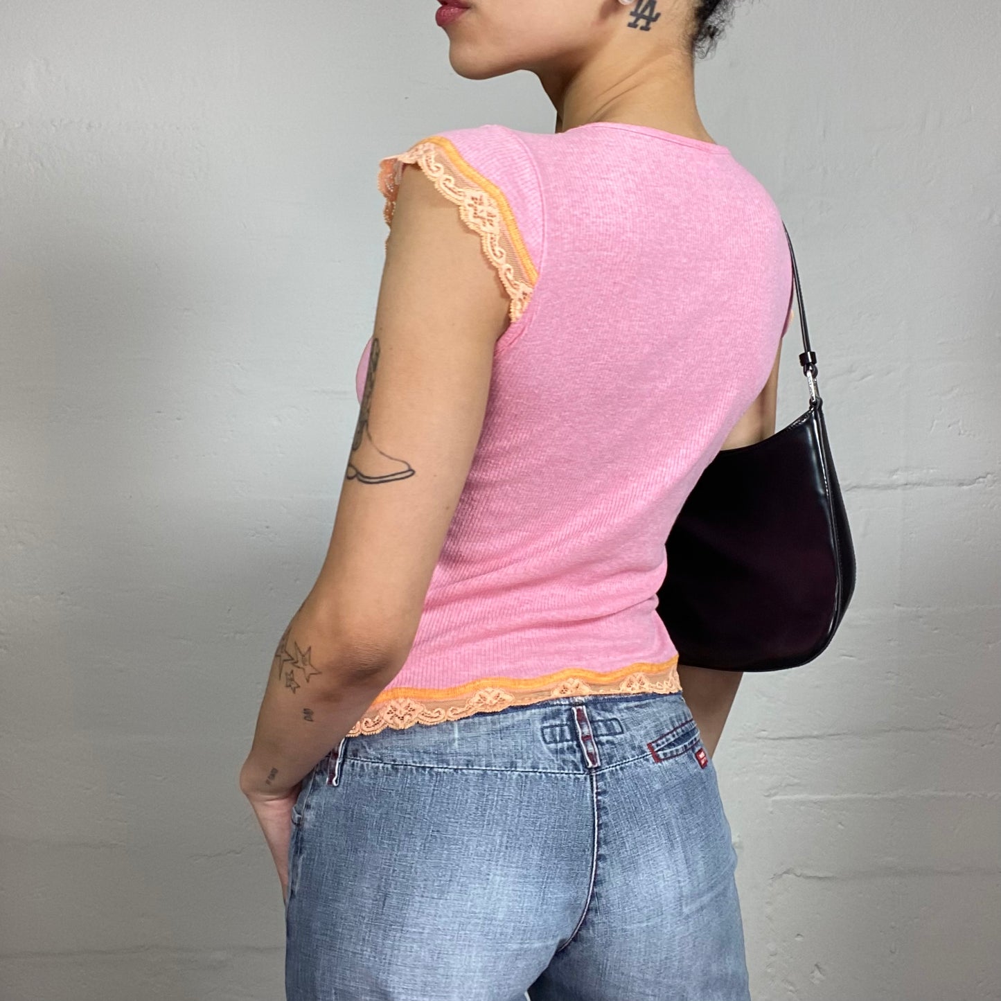 Vintage 2000's Soft Girl Pink Jersey Tee with Micro Sleeves and Orange Lace Decorations (L)