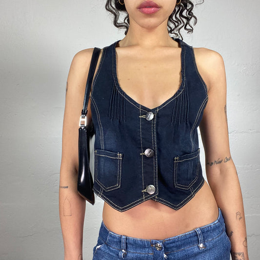 Vintage 2000's Xtina Dark Wash Out Denim Cropped Button Up Vest (M)