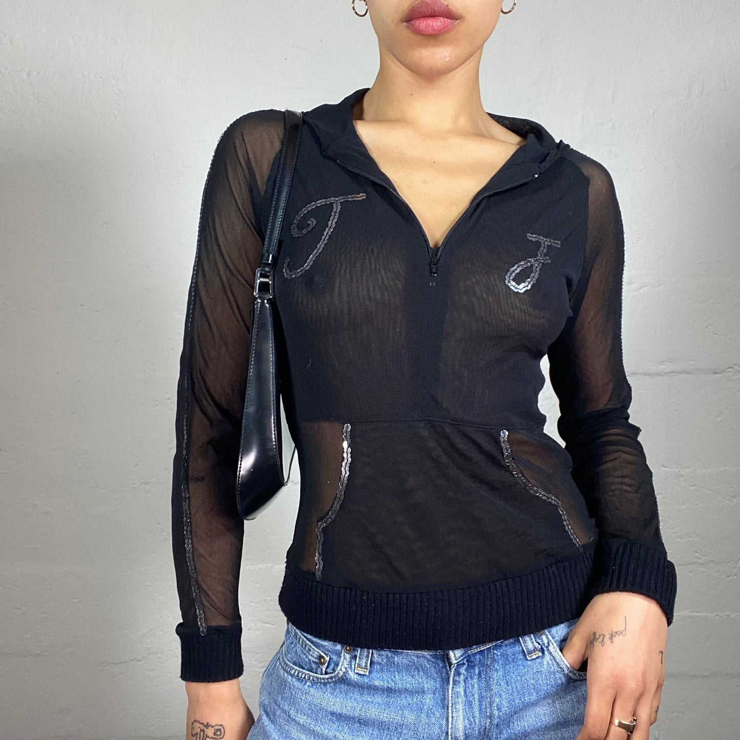 Vintage 2000's Glamorous Black Mesh Details Zip Up Hooded Top with Silver Sequin Embroidery (S/M)