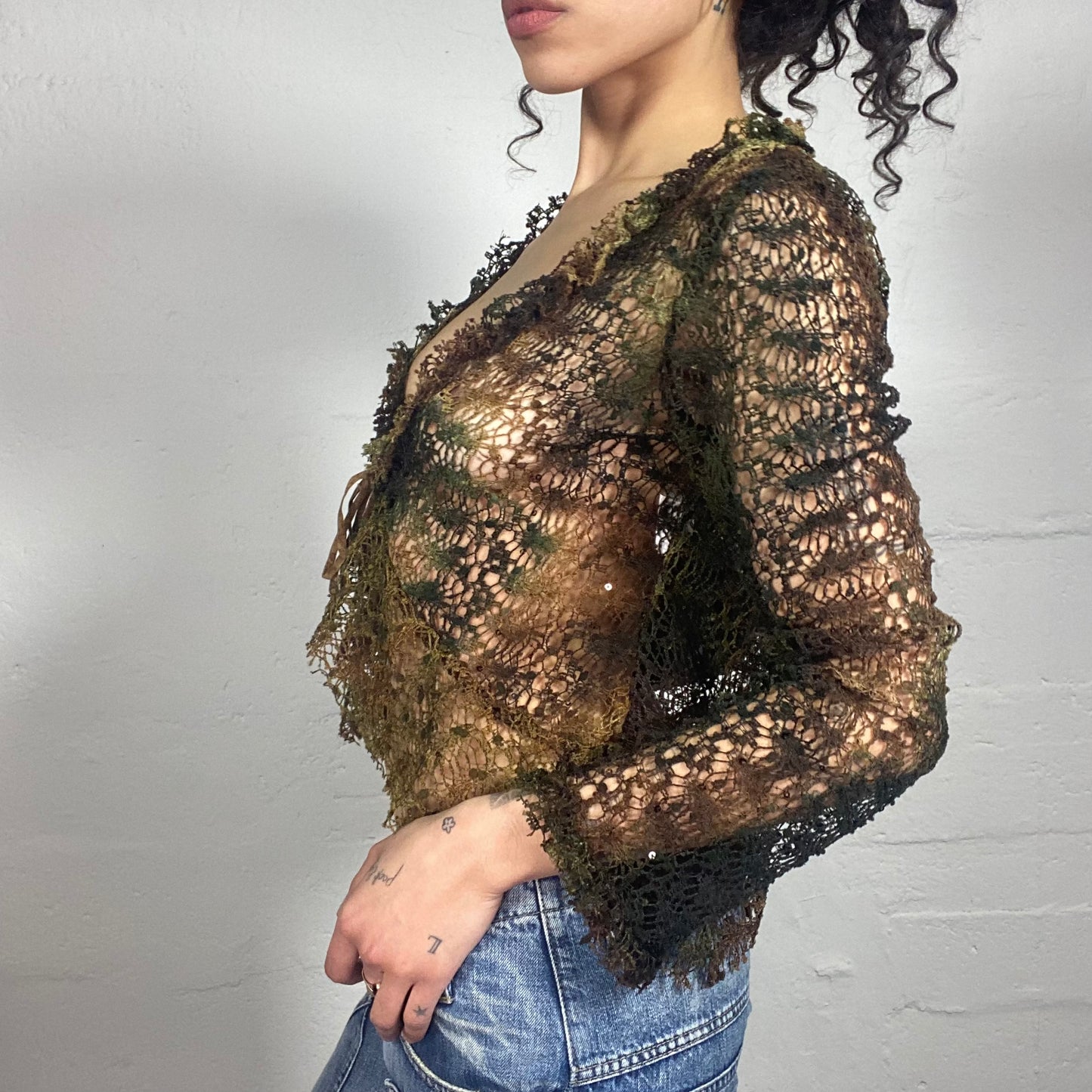 Vintage 2000's Forest Fairy Net Green and Brown Longsleeve Top with Front Binding (S)