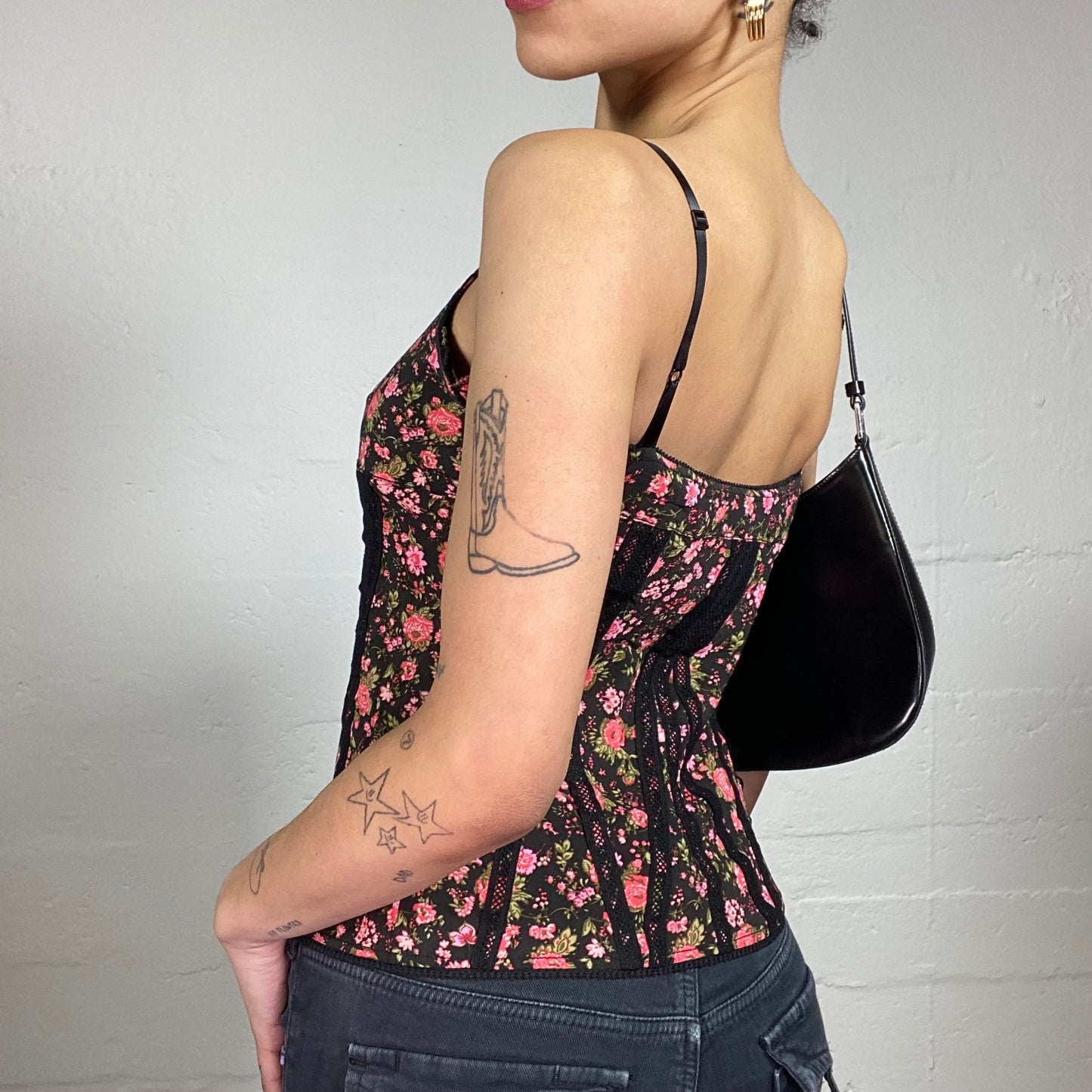 Vintage 2000's Soft Girl Black Corset Style Top with Pink Floral Print (S)