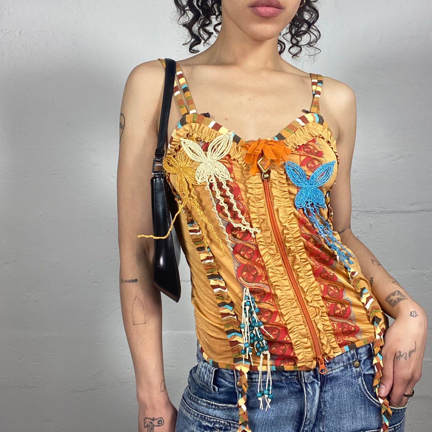 Vintage 2000's Save the queen Yellow Multiple Orange and Blue Embroidery Cami Top (L)