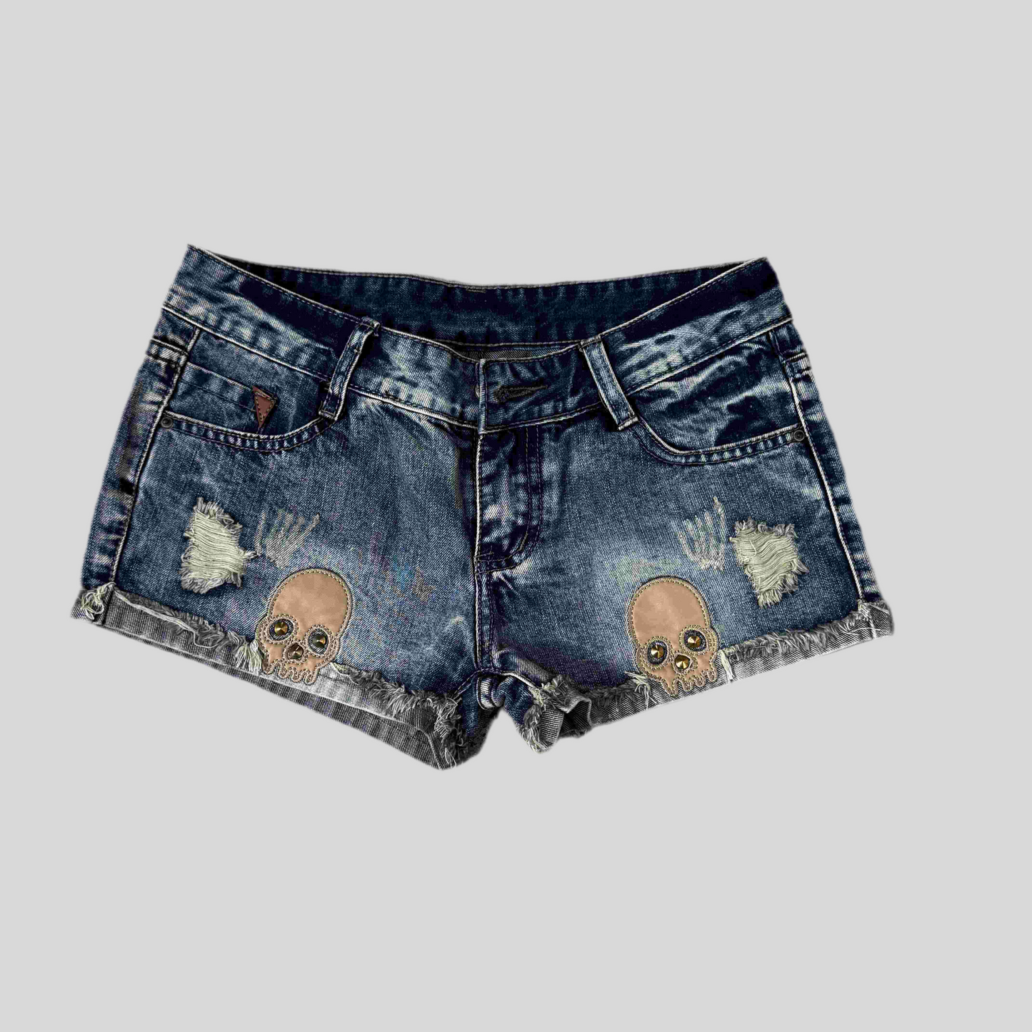 Vintage 90’s Grunge Dark Washed Denim Skull Embroidery Shorts (S)