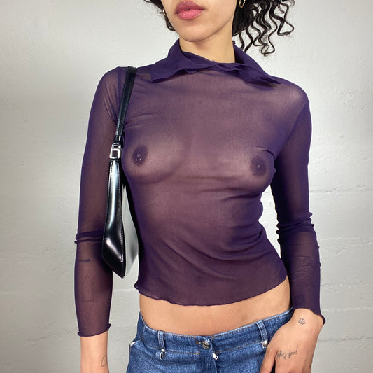 Vintage 2000's Clubwear Purple Mesh Longsleeve Cropped Top with Collar Detail (S)