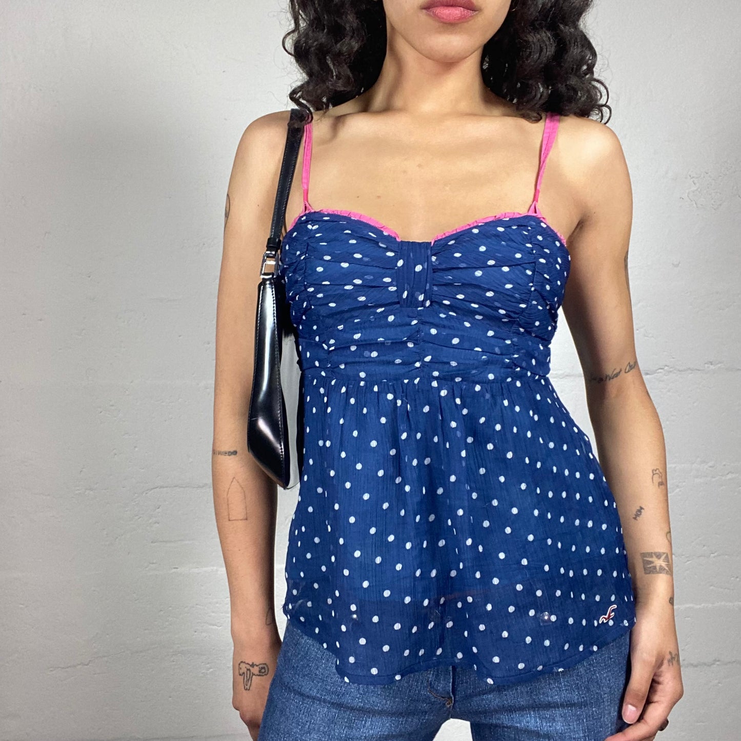 Vintage 2000's Country Girl Summer Blue Chiffon Doll Fit Polka Dot Cami Top with Pink Accents and Back Ribbon (S)