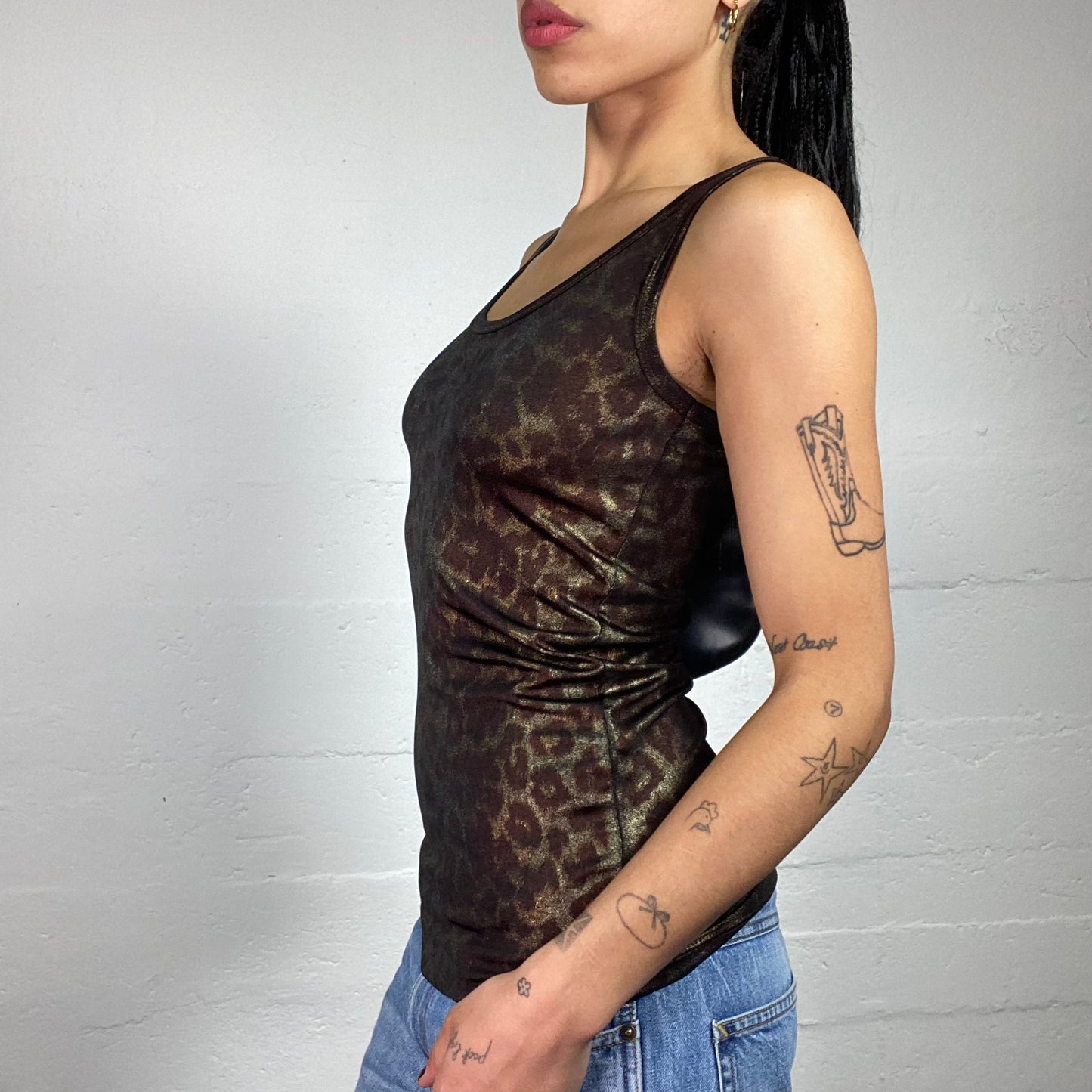Vintage 2000's Clubwear Bronze Brown Leo Print Shimmery Tank Top (S)