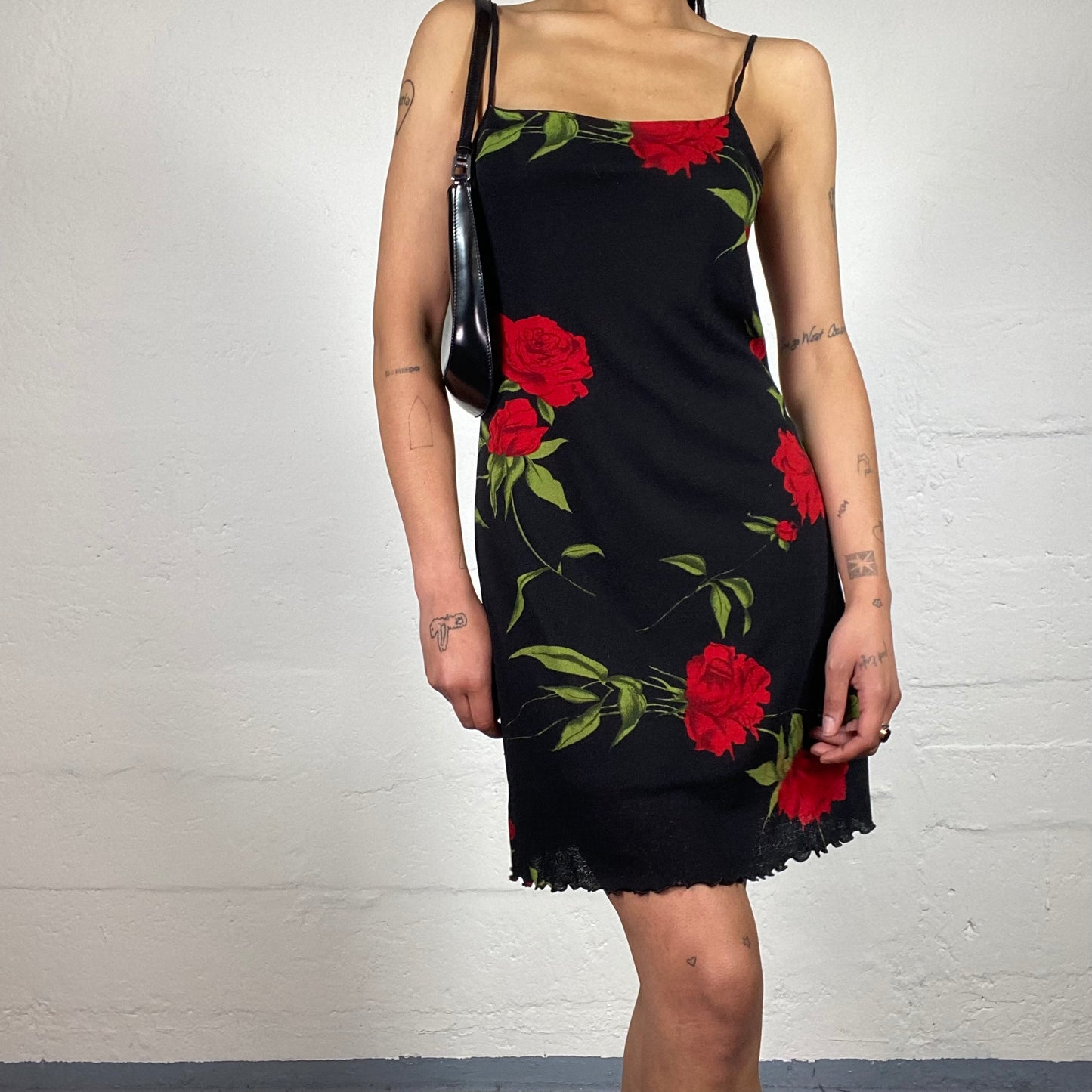 Vintage 2000's Romantic Black Camisole Dress with Red Roses Print (S)