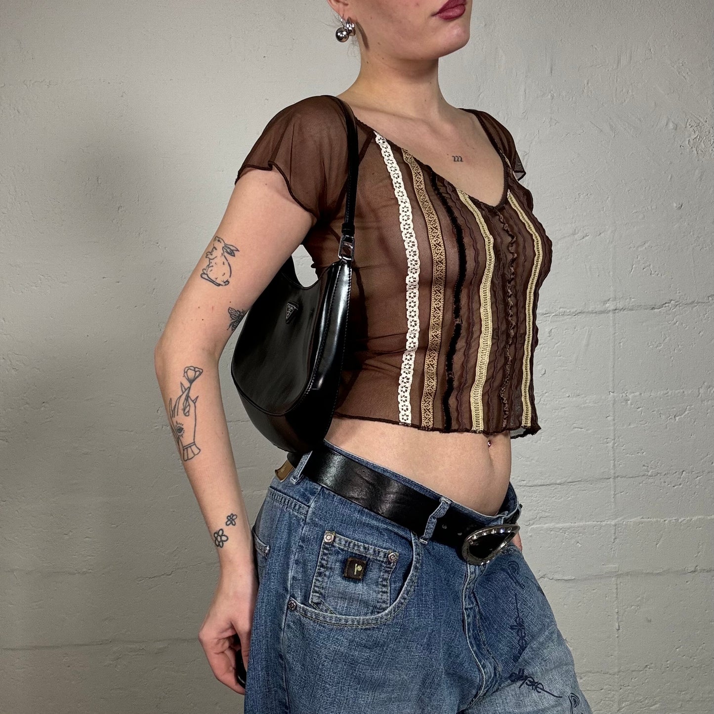 Vintage 2000's Indie Girl Brown Mesh Top with Multicolored Bands (XS)