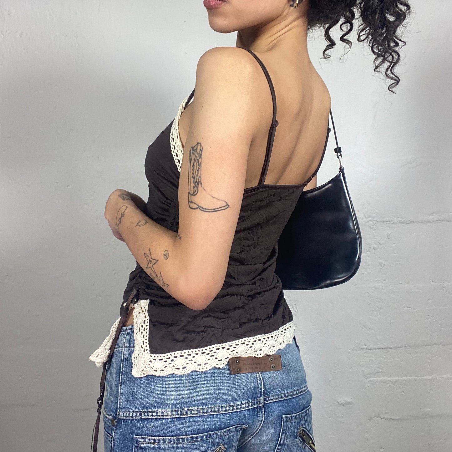 Vintage 2000's Romantic Brown Draped Cami Top with White Lace Trim (M)