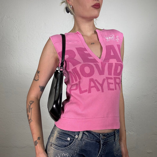 Vintage 2000's Skater Girl Pink Ribbed V-Neck Tank Top with Writing and Shark Print (S)