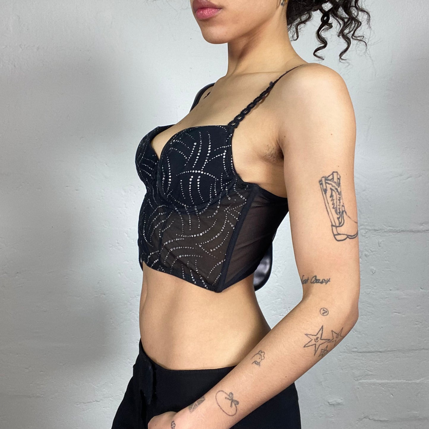 Vintage 2000's Clubwear Black Mesh Cropped Corset Top with Silver Print (S)