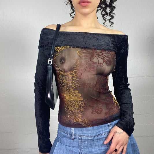 Vintage 2000's Gothic Boho Off Shoulder Velour Black Longsleeve Top with Mesh See Through Floral Printed Front (S)