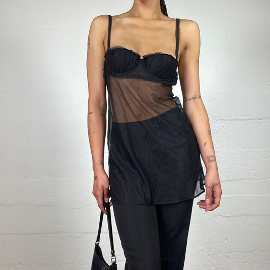 Vintage 2000's Romantic Black Lingerie Style Mesh See Through Bustier Mini Dress (S)