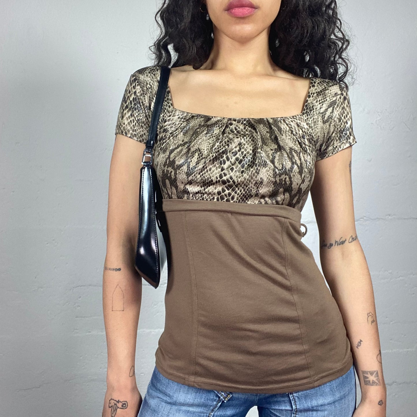 Vintage 2000's Morgan Coffee Date Brown Short Sleeved Top with Snake Skin Printed Bra (S)
