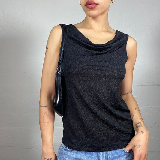 Vintage 2000's Glamorous Black Draped Shiny Sleeveless Top (S)