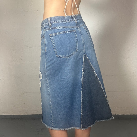 Vintage 2000’s Summer Midi Denim Skirt with Floral Patchwork Design (S)