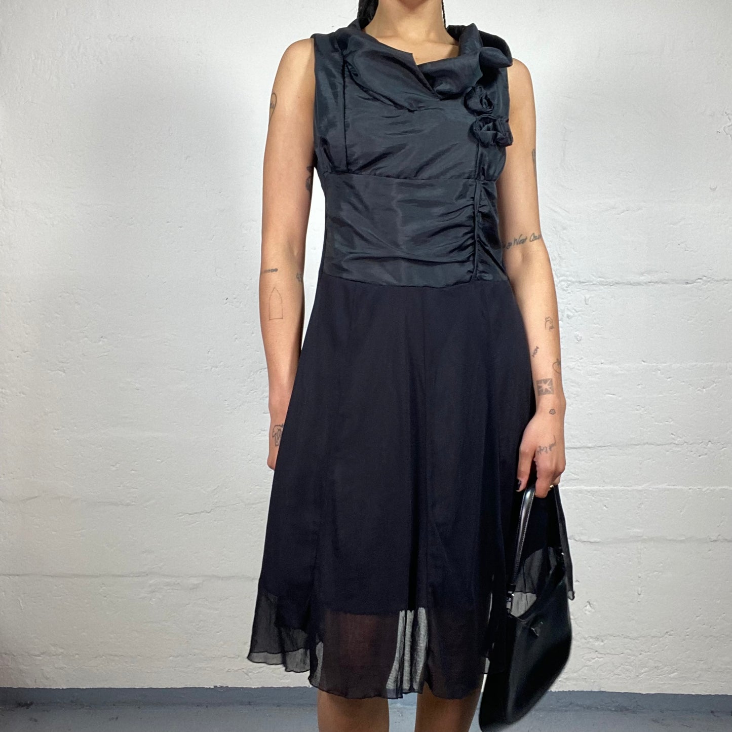 Vintage 2000's Glamorous Black Nylon Top Roses Embroidery and Chiffon Skirt Dress (M)