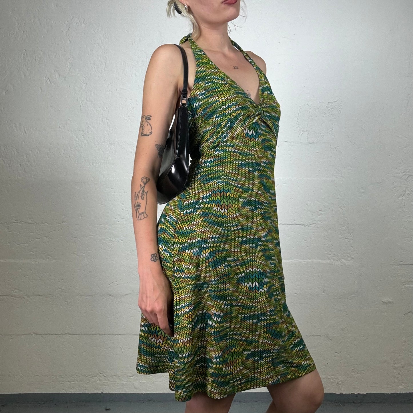 Vintage 2000's Summer Fairy Cute Green Neckholder Wrap Bra Neckholder Dress with Knit Effect Print (S)