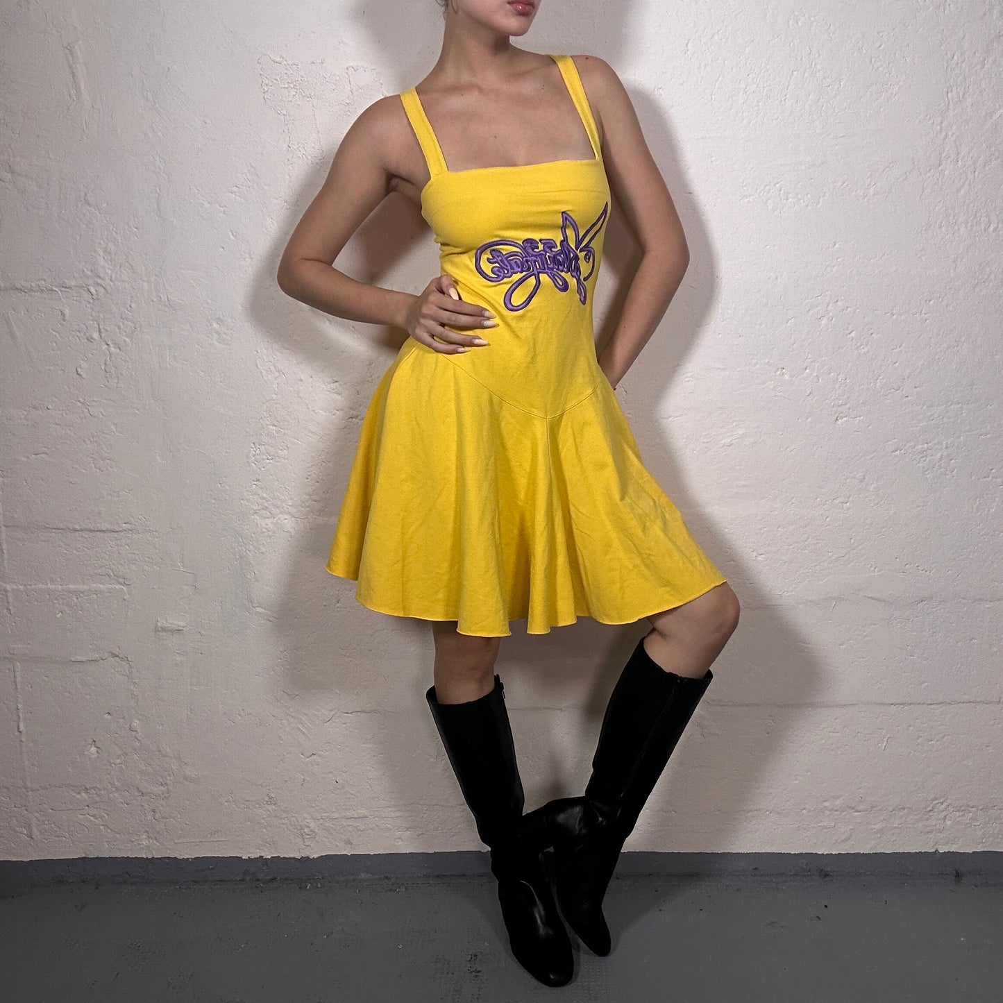 Vintage 2000's Playmate Cheerleader Style Yellow Dress with Purple Logo Print (S)