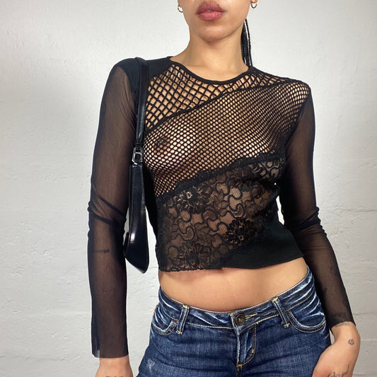 Vintage 2000's Grunge Black See-Through Longsleeve Top with Crochet Front (S/M)